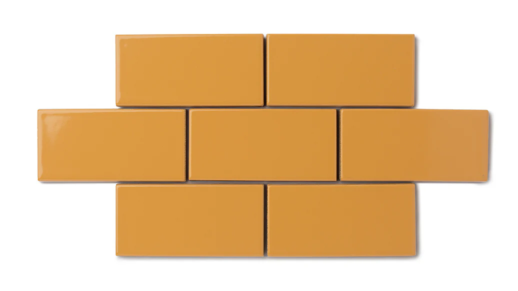 2x4 Half Offset Sheeted Natural Press Ceramic Mosaic Tile in Yellow Ochre Gloss - Storm Tile LLC