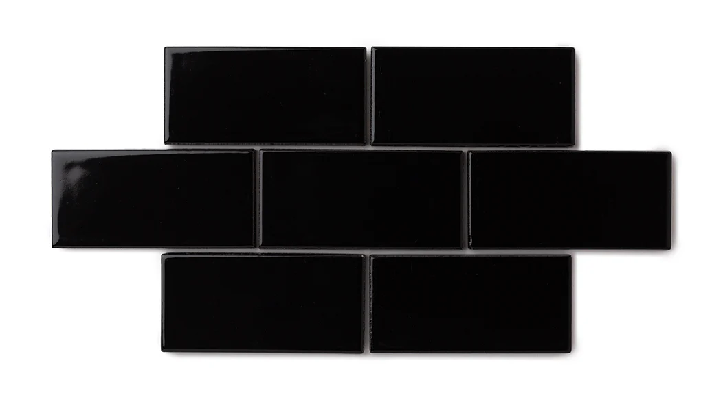 2x4 Half Offset Sheeted Natural Press Ceramic Mosaic Tile in Bone Black Gloss - Storm Tile LLC